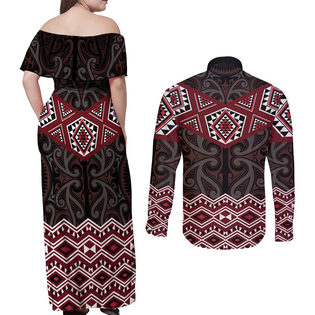 New Zealand Aotearoa Couples Matching Off Shoulder Maxi Dress and Long Sleeve Button Shirt Red Taniko Art Maori Pattern LT05 - Polynesian Pride