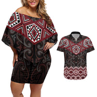 New Zealand Aotearoa Couples Matching Off Shoulder Short Dress and Hawaiian Shirt Red Taniko Art Maori Pattern LT05 Red - Polynesian Pride