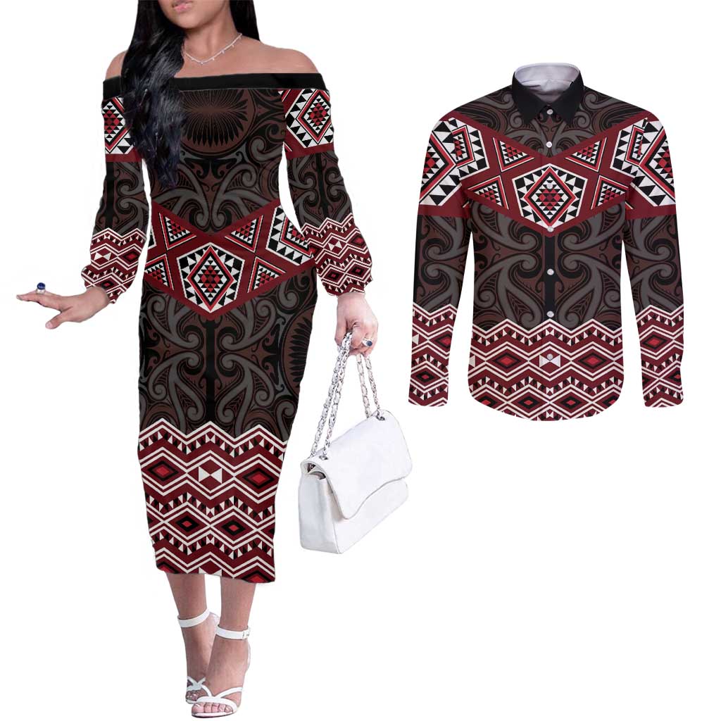 New Zealand Aotearoa Couples Matching Off The Shoulder Long Sleeve Dress and Long Sleeve Button Shirt Red Taniko Art Maori Pattern LT05 Red - Polynesian Pride