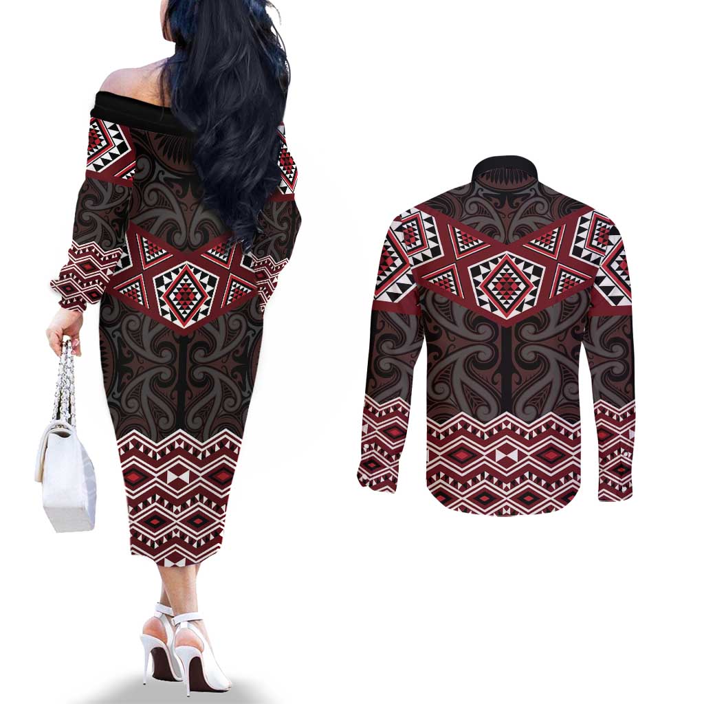 New Zealand Aotearoa Couples Matching Off The Shoulder Long Sleeve Dress and Long Sleeve Button Shirt Red Taniko Art Maori Pattern LT05 - Polynesian Pride