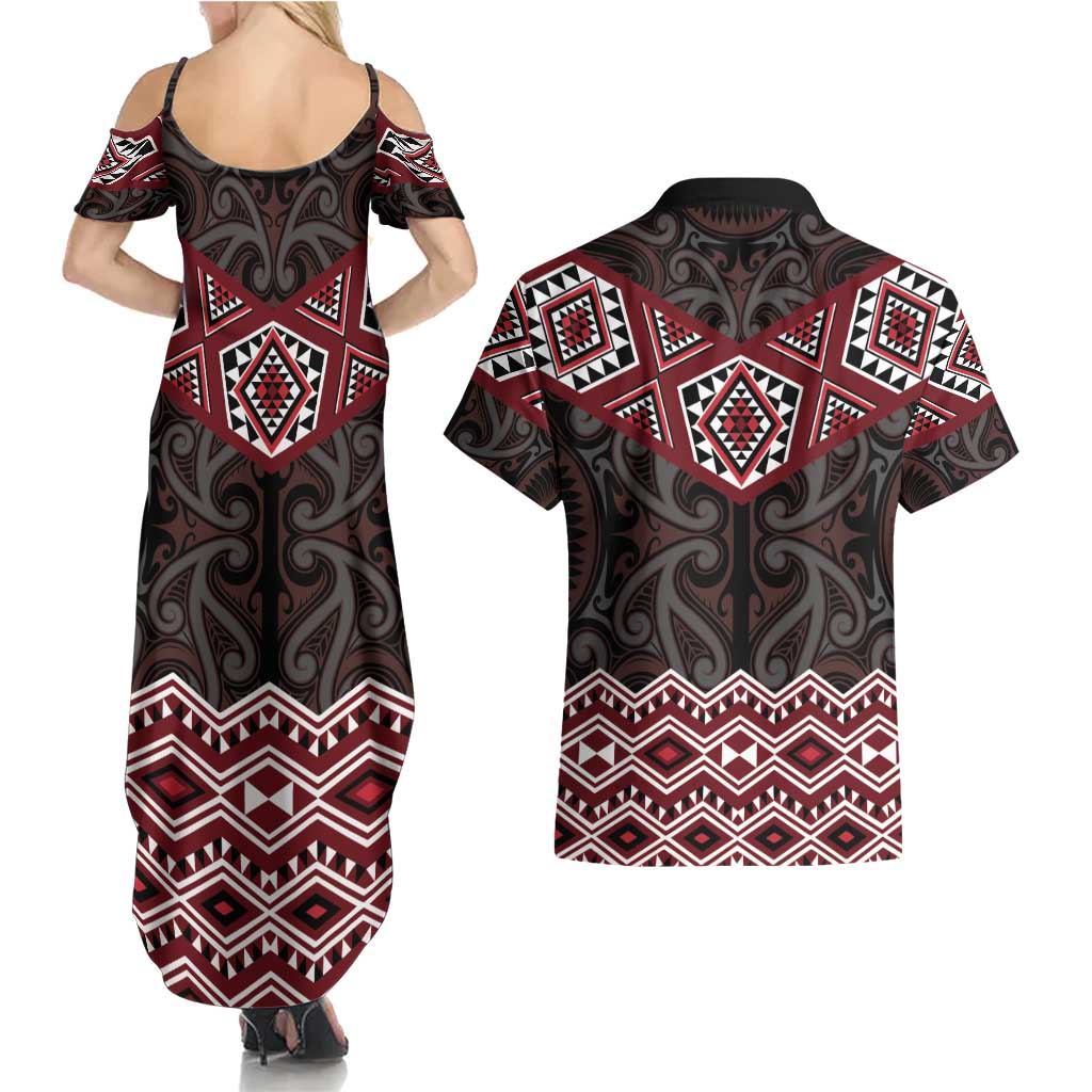 New Zealand Aotearoa Couples Matching Summer Maxi Dress and Hawaiian Shirt Red Taniko Art Maori Pattern LT05 - Polynesian Pride