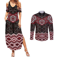 New Zealand Aotearoa Couples Matching Summer Maxi Dress and Long Sleeve Button Shirt Red Taniko Art Maori Pattern LT05 Red - Polynesian Pride