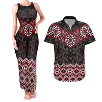 New Zealand Aotearoa Couples Matching Tank Maxi Dress and Hawaiian Shirt Red Taniko Art Maori Pattern LT05 Red - Polynesian Pride