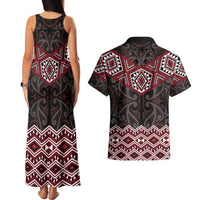 New Zealand Aotearoa Couples Matching Tank Maxi Dress and Hawaiian Shirt Red Taniko Art Maori Pattern LT05 - Polynesian Pride