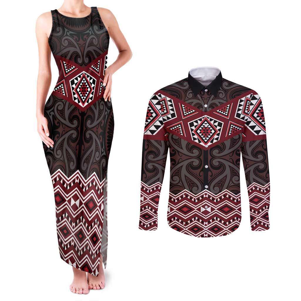 New Zealand Aotearoa Couples Matching Tank Maxi Dress and Long Sleeve Button Shirt Red Taniko Art Maori Pattern LT05 Red - Polynesian Pride