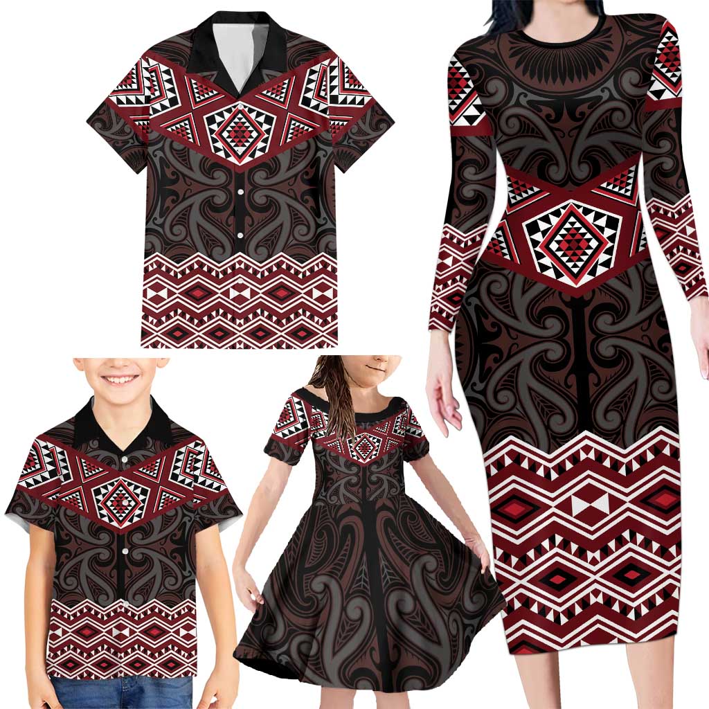 New Zealand Aotearoa Family Matching Long Sleeve Bodycon Dress and Hawaiian Shirt Red Taniko Art Maori Pattern LT05 - Polynesian Pride