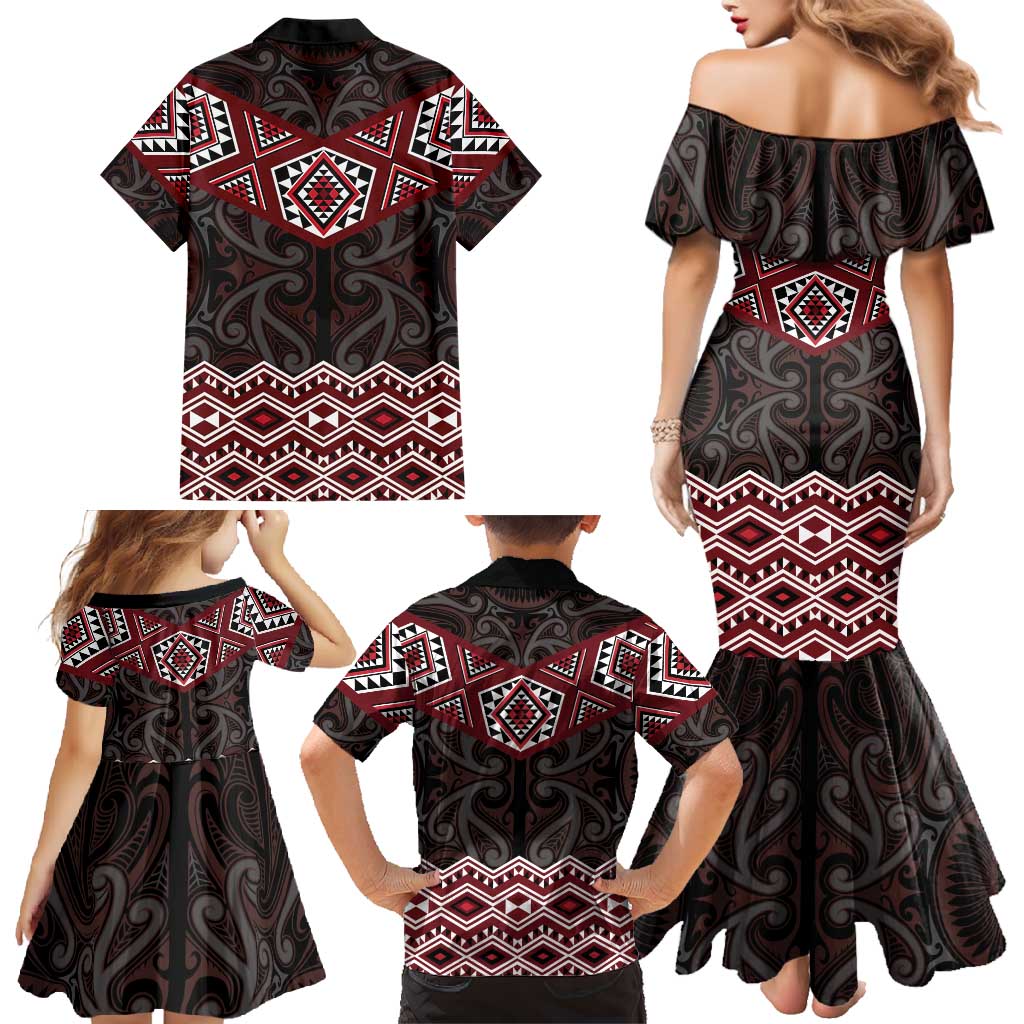 New Zealand Aotearoa Family Matching Mermaid Dress and Hawaiian Shirt Red Taniko Art Maori Pattern LT05 - Polynesian Pride