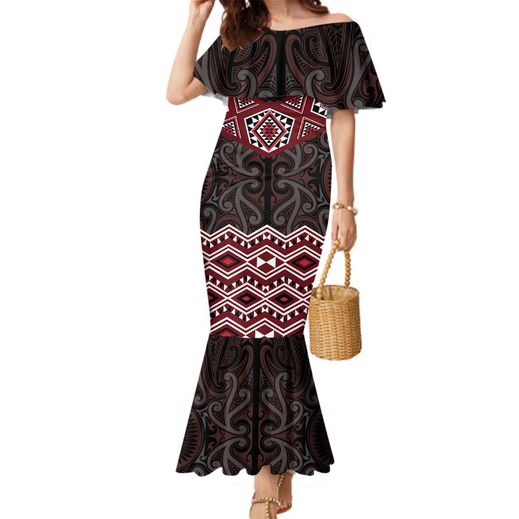 New Zealand Aotearoa Family Matching Mermaid Dress and Hawaiian Shirt Red Taniko Art Maori Pattern LT05 Mom's Dress Red - Polynesian Pride
