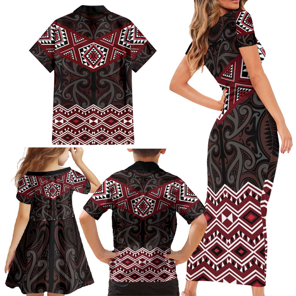 New Zealand Aotearoa Family Matching Short Sleeve Bodycon Dress and Hawaiian Shirt Red Taniko Art Maori Pattern LT05 - Polynesian Pride