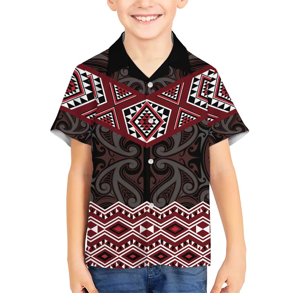New Zealand Aotearoa Family Matching Short Sleeve Bodycon Dress and Hawaiian Shirt Red Taniko Art Maori Pattern LT05 Son's Shirt Red - Polynesian Pride