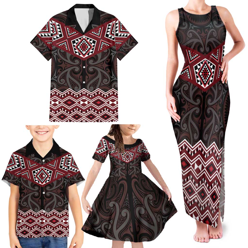 New Zealand Aotearoa Family Matching Tank Maxi Dress and Hawaiian Shirt Red Taniko Art Maori Pattern LT05 - Polynesian Pride