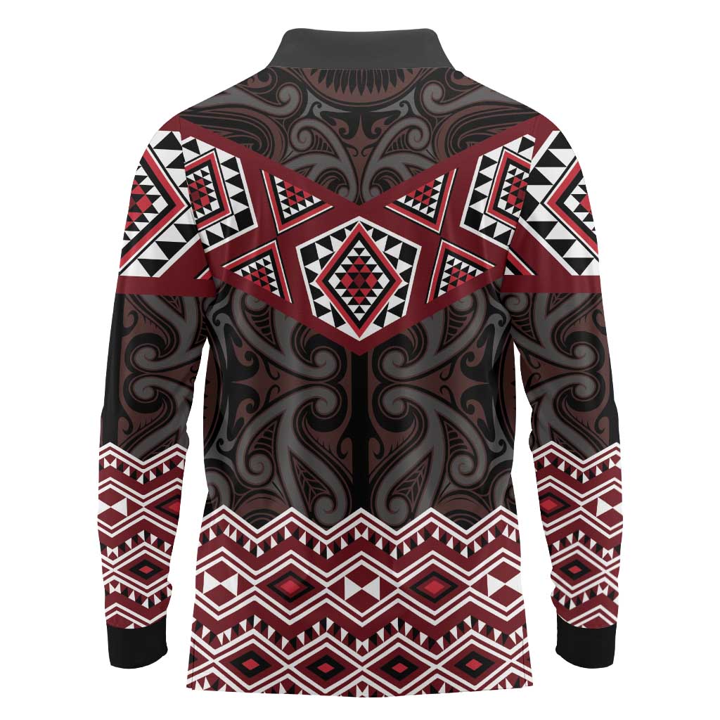 New Zealand Aotearoa Long Sleeve Polo Shirt Red Taniko Art Maori Pattern