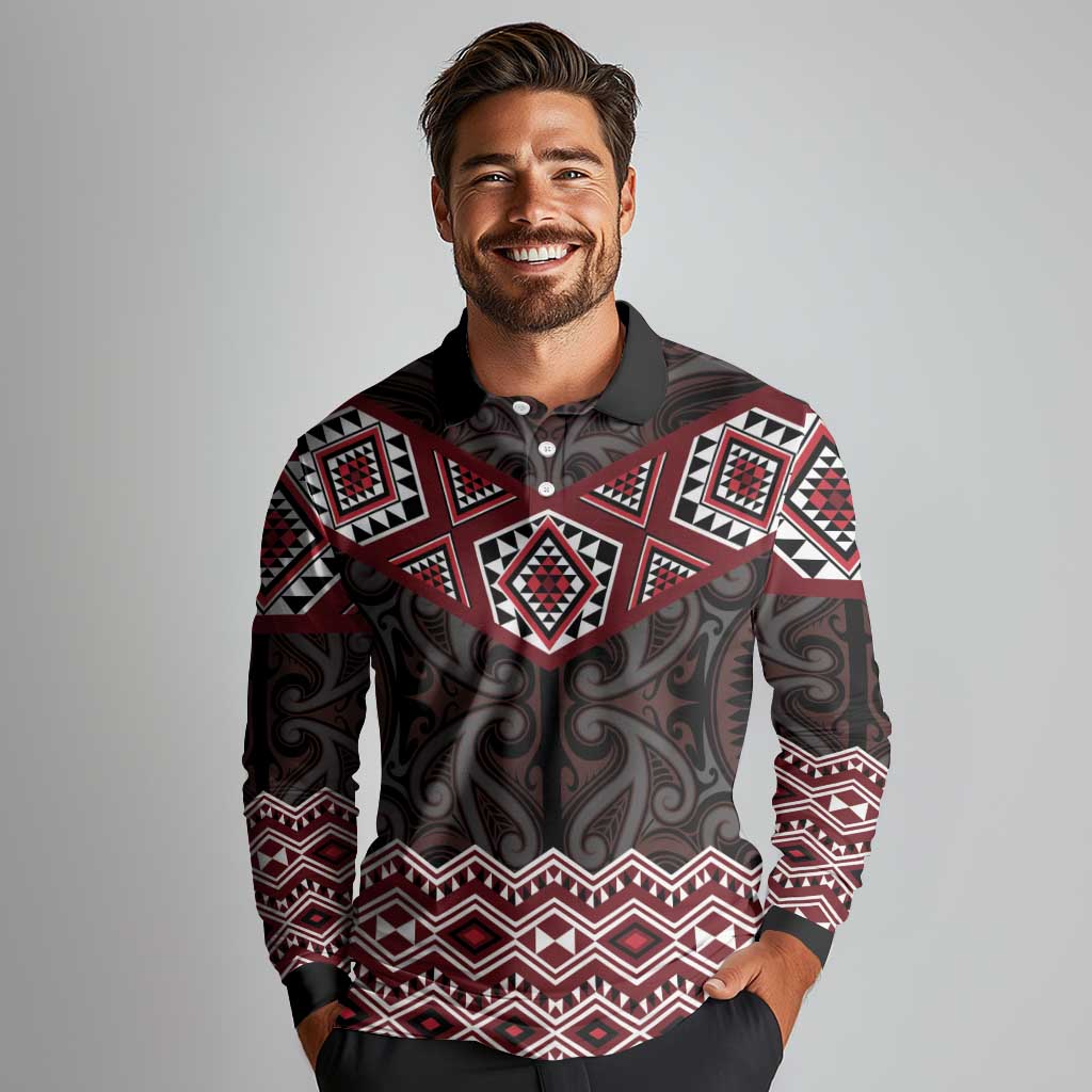 New Zealand Aotearoa Long Sleeve Polo Shirt Red Taniko Art Maori Pattern
