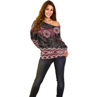 New Zealand Aotearoa Off Shoulder Sweater Red Taniko Art Maori Pattern