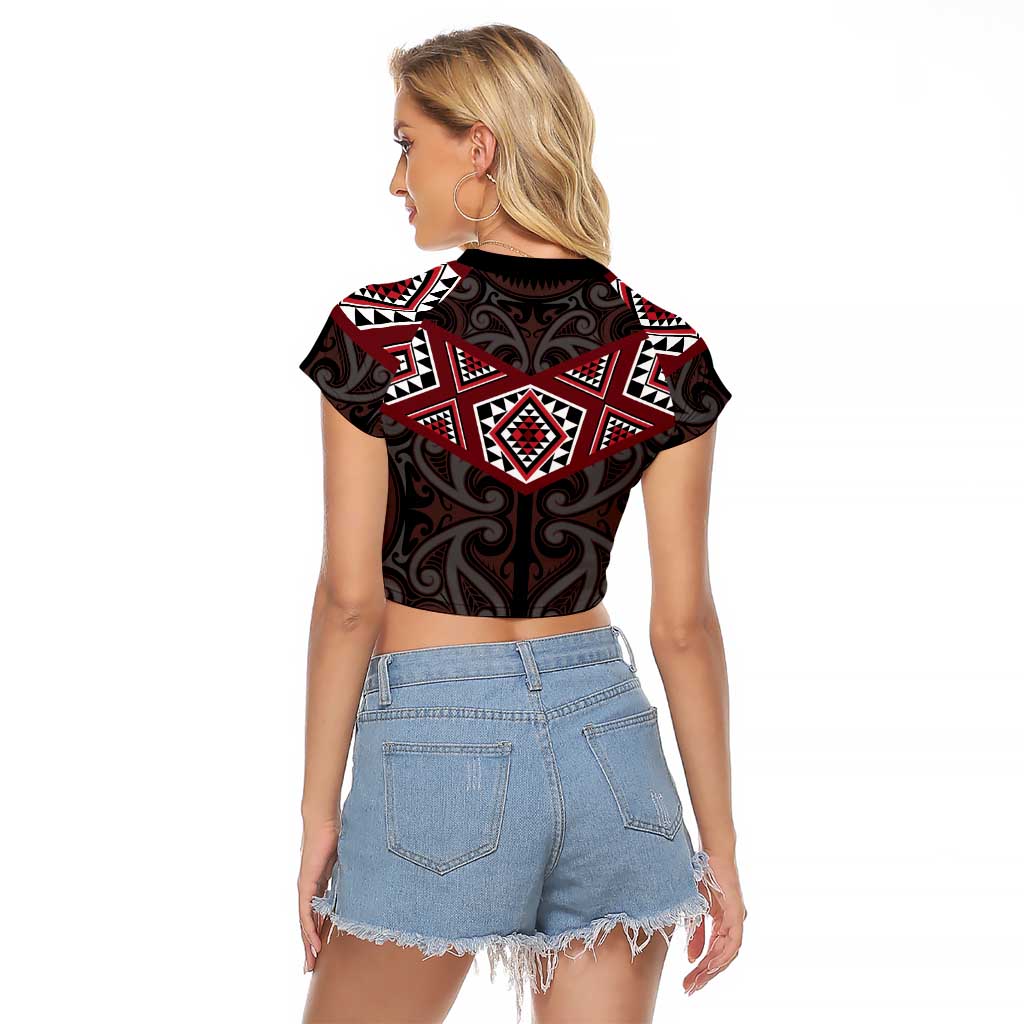 New Zealand Aotearoa Raglan Cropped T Shirt Red Taniko Art Maori Pattern LT05 - Polynesian Pride