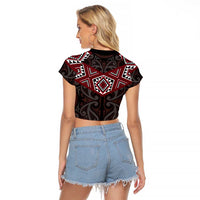 New Zealand Aotearoa Raglan Cropped T Shirt Red Taniko Art Maori Pattern LT05 - Polynesian Pride