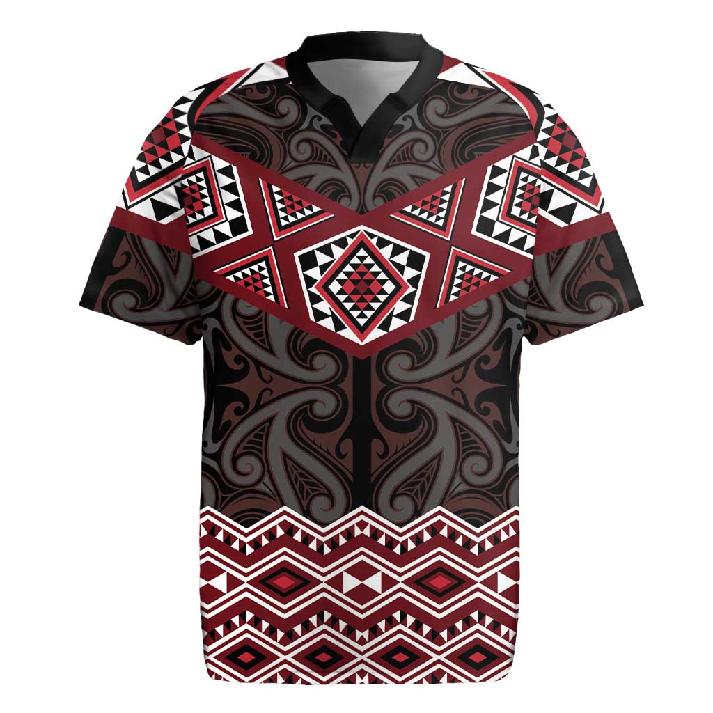 New Zealand Aotearoa Rugby Jersey Red Taniko Art Maori Pattern LT05 Red - Polynesian Pride