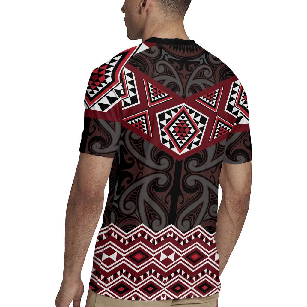 New Zealand Aotearoa Rugby Jersey Red Taniko Art Maori Pattern LT05 - Polynesian Pride