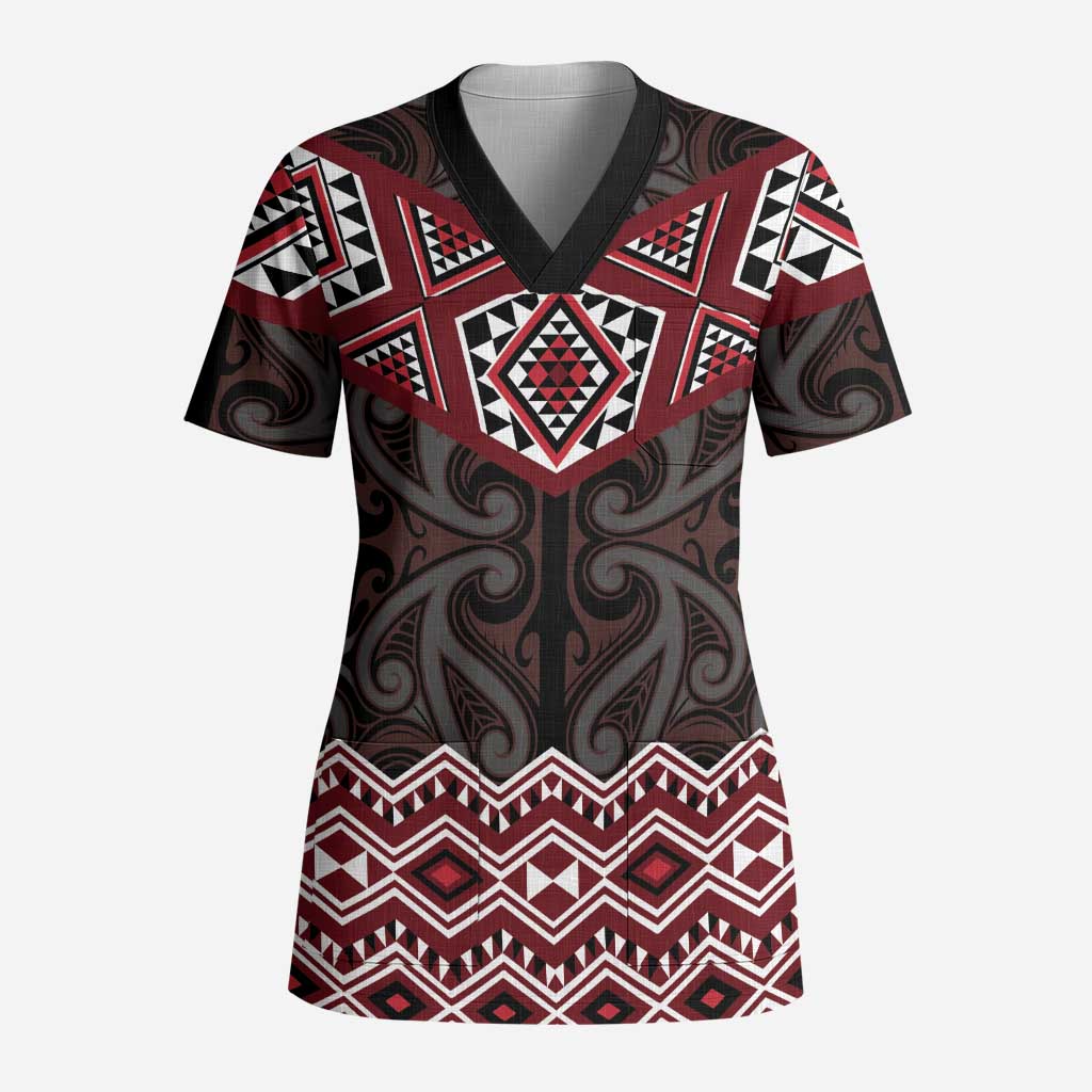 New Zealand Aotearoa Scrub Top Red Taniko Art Maori Pattern - Polynesian Pride