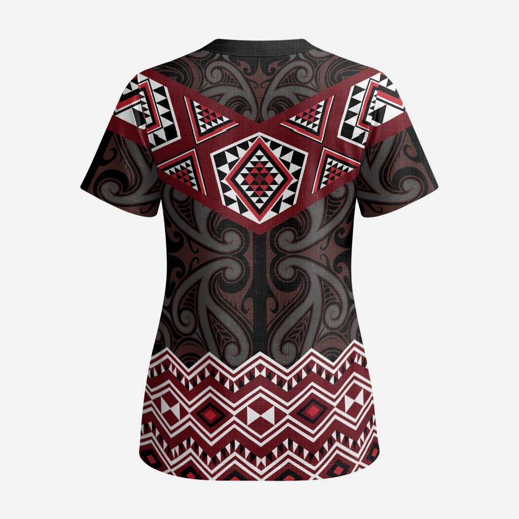 New Zealand Aotearoa Scrub Top Red Taniko Art Maori Pattern - Polynesian Pride