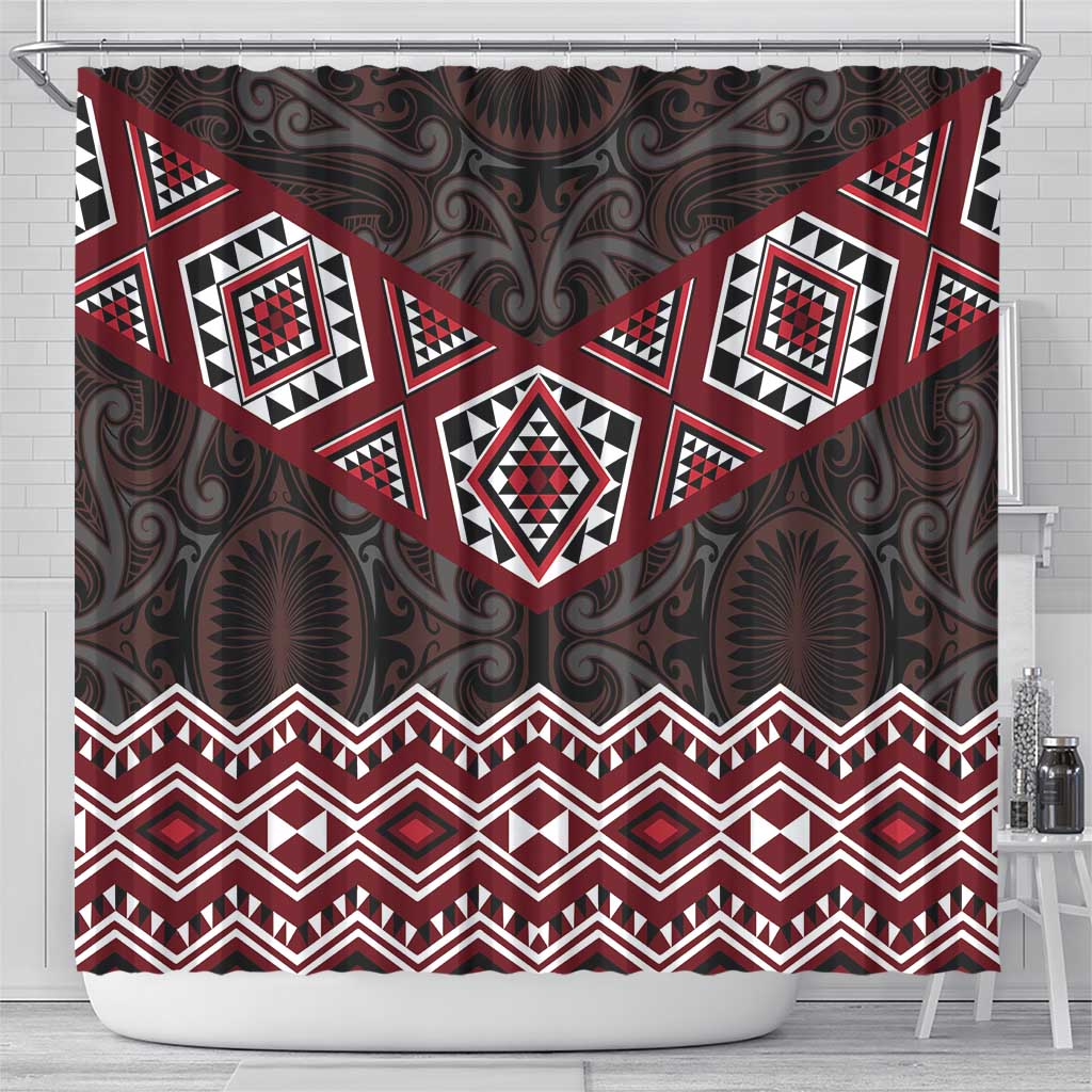 New Zealand Aotearoa Shower Curtain Red Taniko Art Maori Pattern LT05 - Polynesian Pride