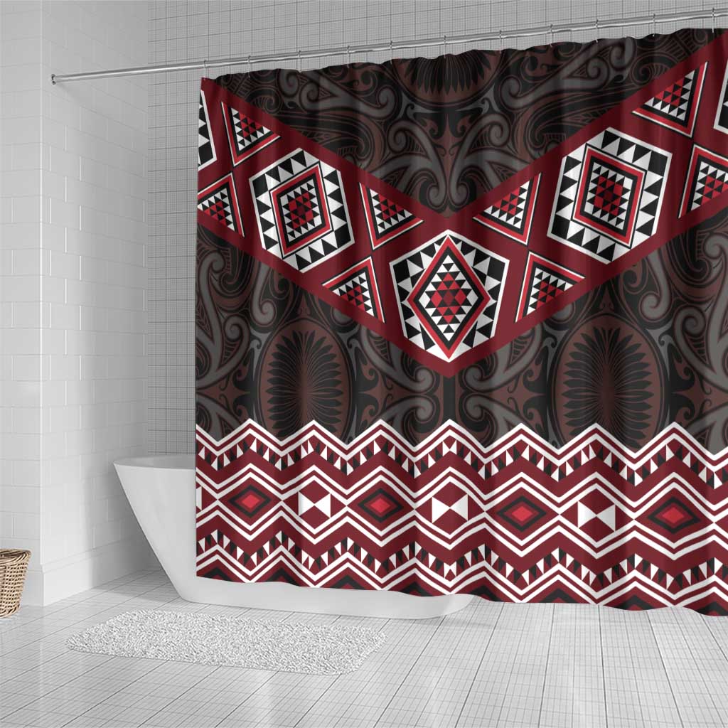 New Zealand Aotearoa Shower Curtain Red Taniko Art Maori Pattern LT05 - Polynesian Pride
