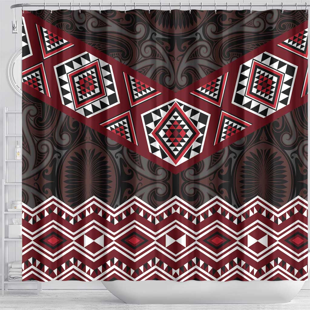 New Zealand Aotearoa Shower Curtain Red Taniko Art Maori Pattern LT05 - Polynesian Pride