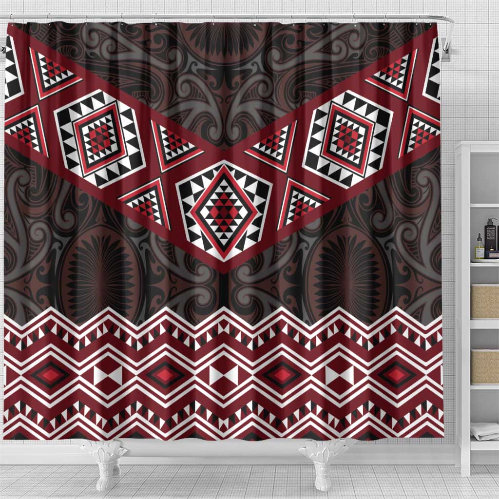 New Zealand Aotearoa Shower Curtain Red Taniko Art Maori Pattern LT05 - Polynesian Pride