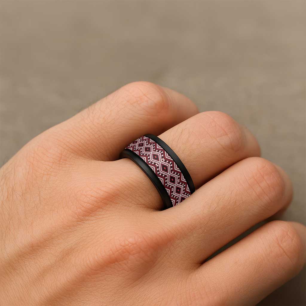New Zealand Aotearoa Spinner Ring Red Taniko Art Maori Pattern