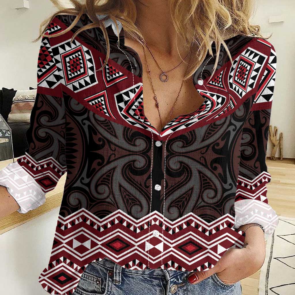 New Zealand Aotearoa Women Casual Shirt Red Taniko Art Maori Pattern LT05 Female Red - Polynesian Pride