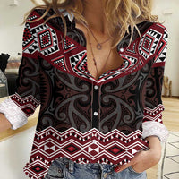 New Zealand Aotearoa Women Casual Shirt Red Taniko Art Maori Pattern LT05 Female Red - Polynesian Pride
