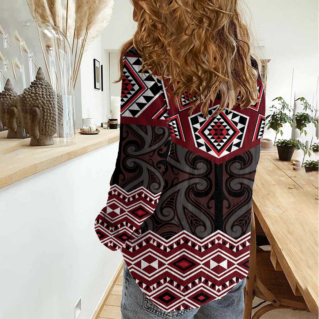 New Zealand Aotearoa Women Casual Shirt Red Taniko Art Maori Pattern LT05 - Polynesian Pride