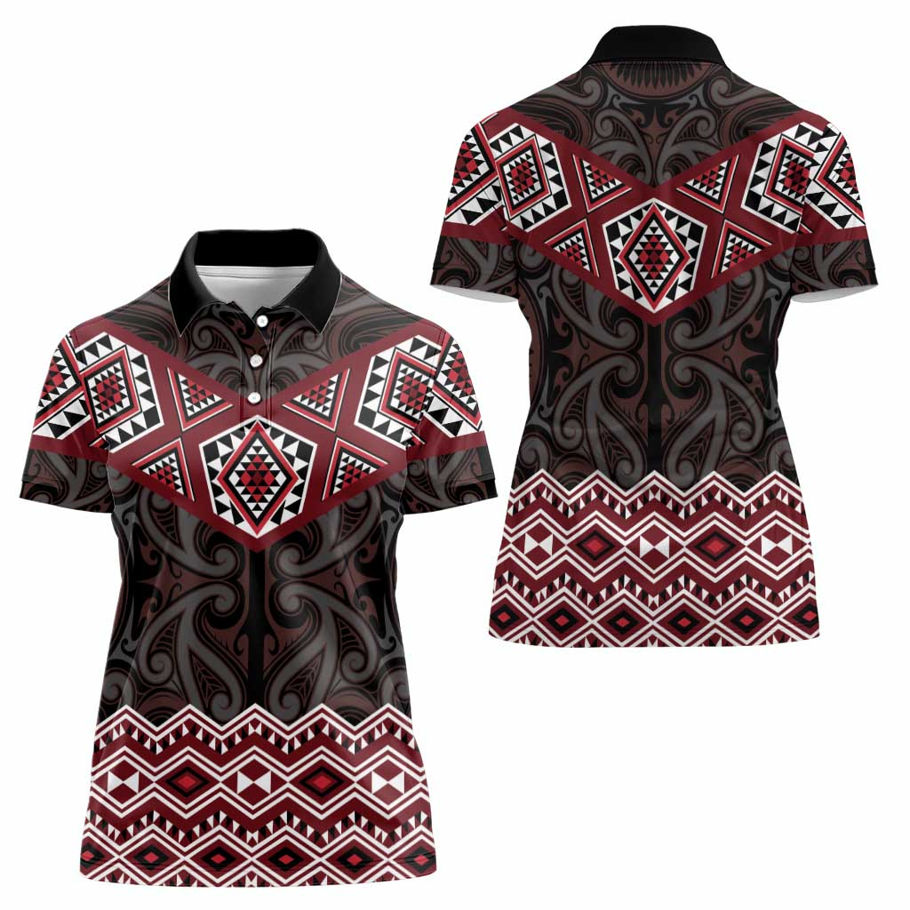 New Zealand Aotearoa Women Polo Shirt Red Taniko Art Maori Pattern