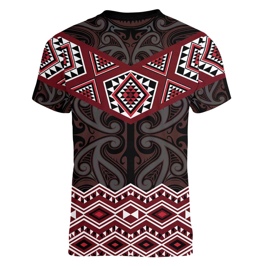 New Zealand Aotearoa Women V-Neck T-Shirt Red Taniko Art Maori Pattern LT05 - Polynesian Pride