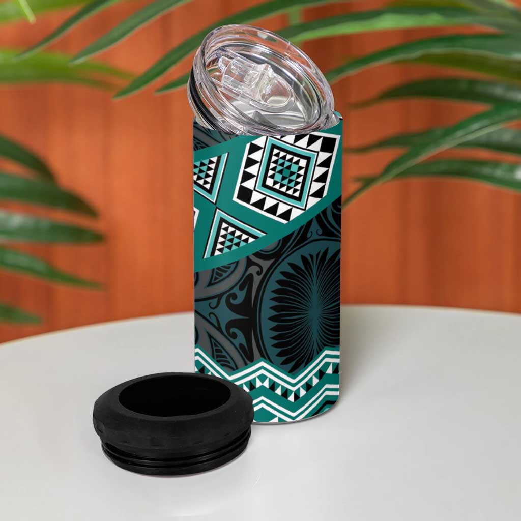 New Zealand Aotearoa 4 in 1 Can Cooler Tumbler Turquoise Taniko Art Maori Pattern LT05 - Polynesian Pride