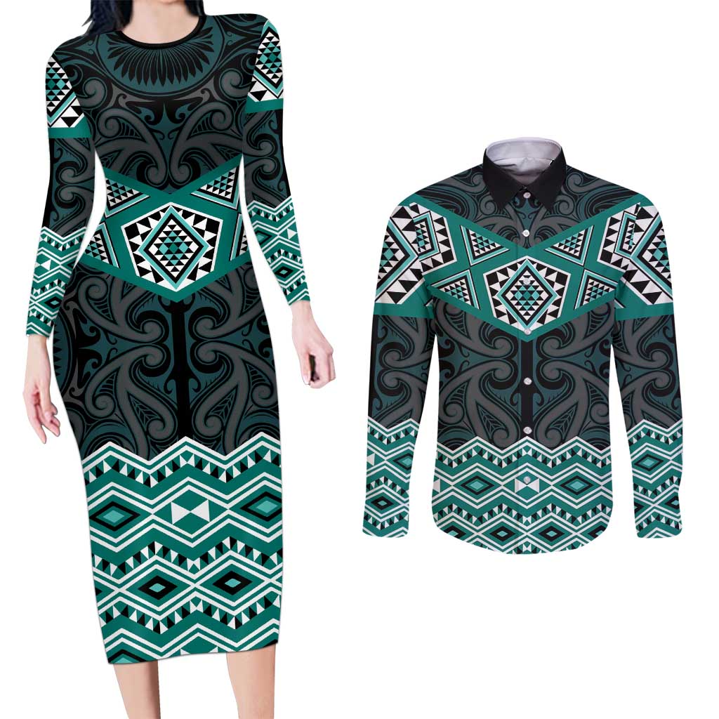 New Zealand Aotearoa Couples Matching Long Sleeve Bodycon Dress and Long Sleeve Button Shirt Turquoise Taniko Art Maori Pattern LT05 Turquoise - Polynesian Pride