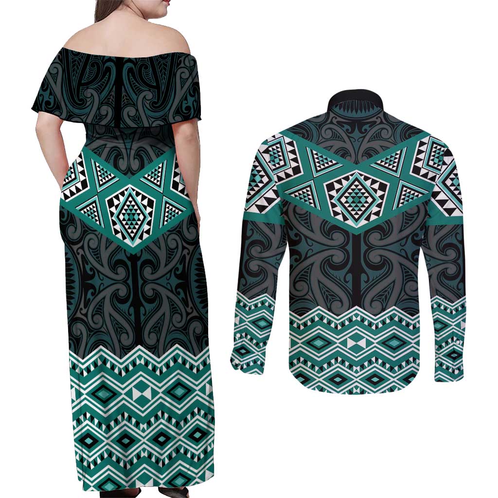 New Zealand Aotearoa Couples Matching Off Shoulder Maxi Dress and Long Sleeve Button Shirt Turquoise Taniko Art Maori Pattern LT05 - Polynesian Pride