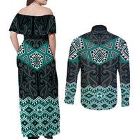New Zealand Aotearoa Couples Matching Off Shoulder Maxi Dress and Long Sleeve Button Shirt Turquoise Taniko Art Maori Pattern LT05 - Polynesian Pride