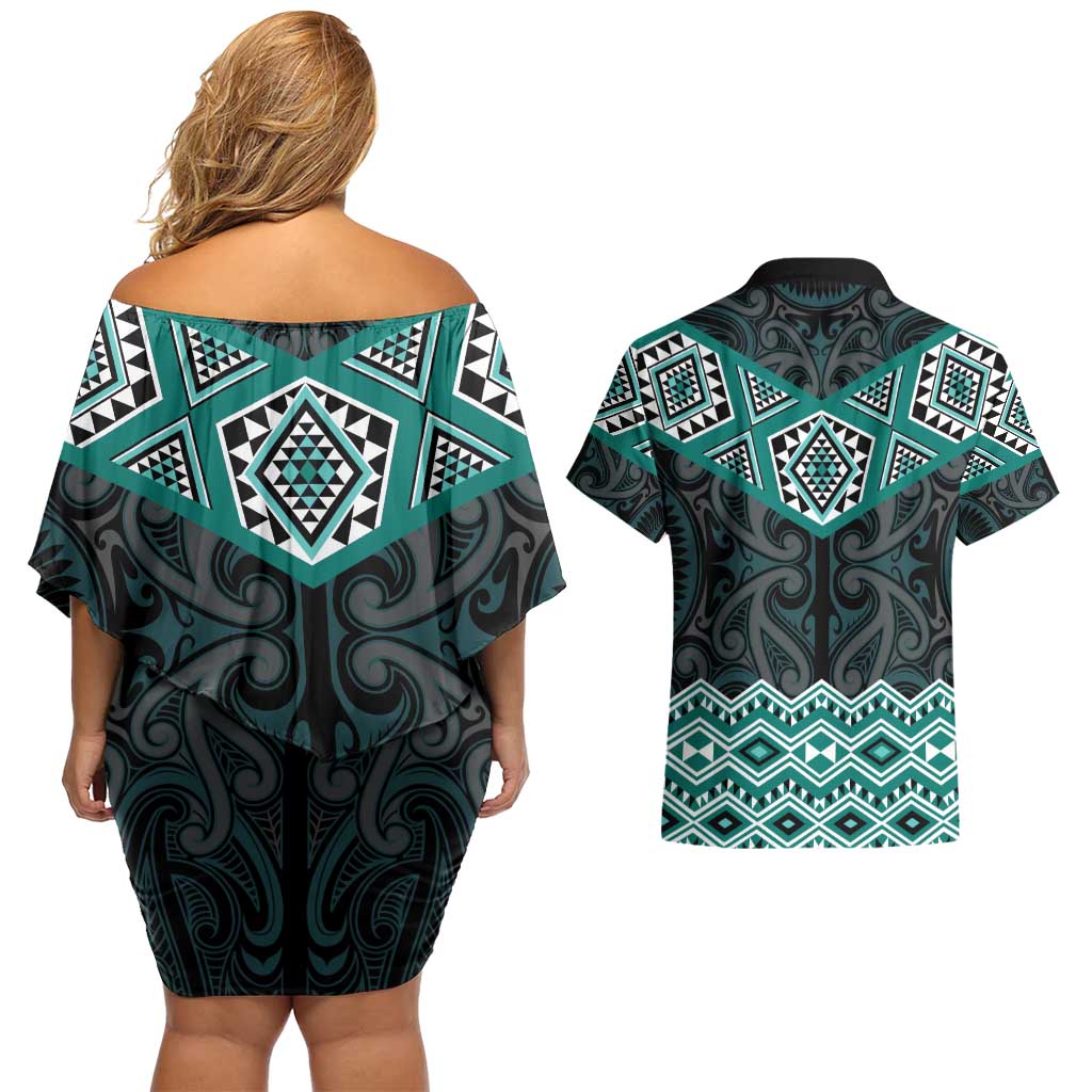 New Zealand Aotearoa Couples Matching Off Shoulder Short Dress and Hawaiian Shirt Turquoise Taniko Art Maori Pattern LT05 - Polynesian Pride