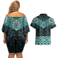 New Zealand Aotearoa Couples Matching Off Shoulder Short Dress and Hawaiian Shirt Turquoise Taniko Art Maori Pattern LT05 - Polynesian Pride
