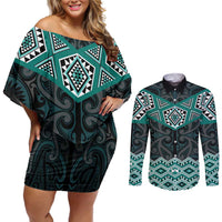 New Zealand Aotearoa Couples Matching Off Shoulder Short Dress and Long Sleeve Button Shirt Turquoise Taniko Art Maori Pattern LT05 Turquoise - Polynesian Pride