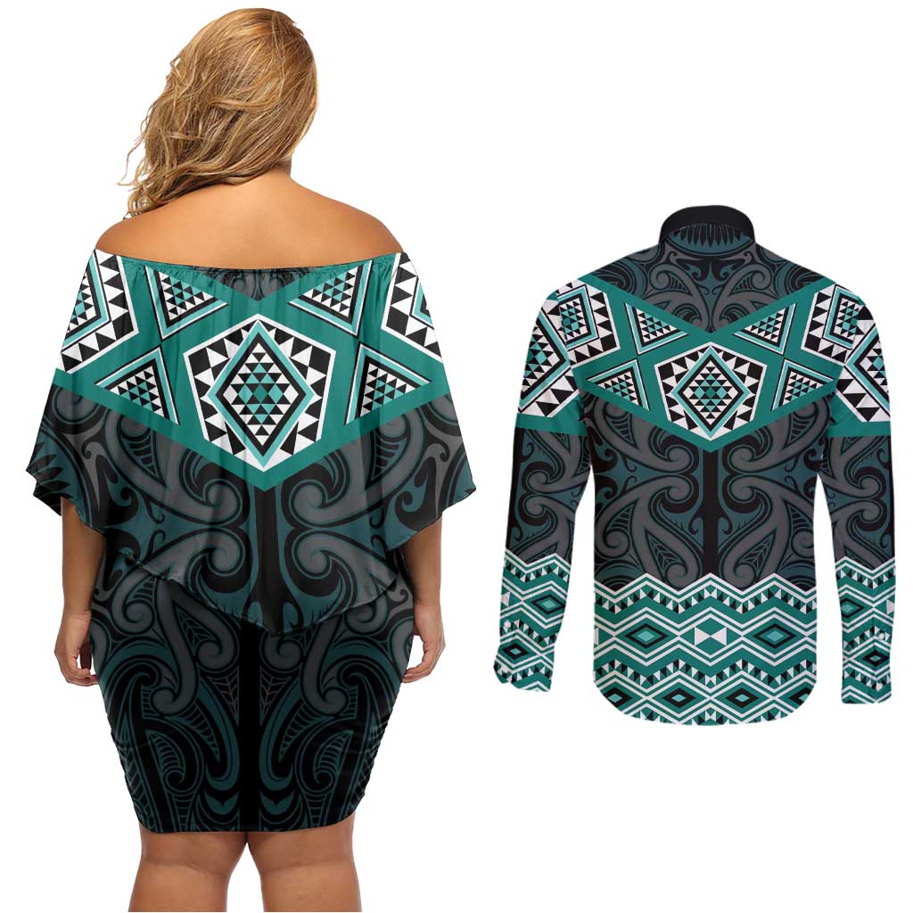 New Zealand Aotearoa Couples Matching Off Shoulder Short Dress and Long Sleeve Button Shirt Turquoise Taniko Art Maori Pattern LT05 - Polynesian Pride