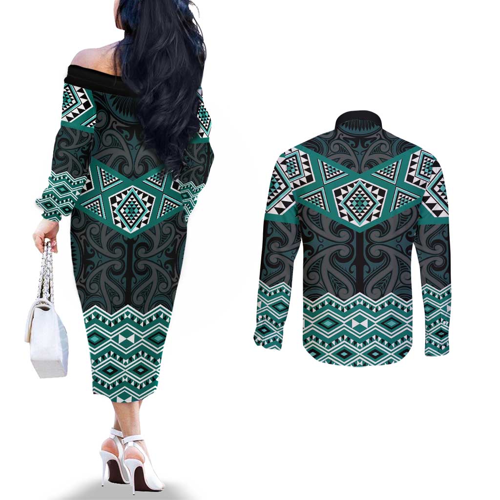 New Zealand Aotearoa Couples Matching Off The Shoulder Long Sleeve Dress and Long Sleeve Button Shirt Turquoise Taniko Art Maori Pattern LT05 - Polynesian Pride