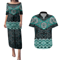 New Zealand Aotearoa Couples Matching Puletasi and Hawaiian Shirt Turquoise Taniko Art Maori Pattern LT05 Turquoise - Polynesian Pride