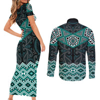 New Zealand Aotearoa Couples Matching Short Sleeve Bodycon Dress and Long Sleeve Button Shirt Turquoise Taniko Art Maori Pattern LT05 - Polynesian Pride