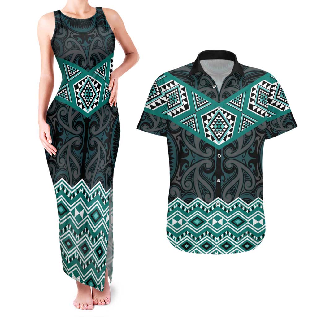 New Zealand Aotearoa Couples Matching Tank Maxi Dress and Hawaiian Shirt Turquoise Taniko Art Maori Pattern LT05 Turquoise - Polynesian Pride