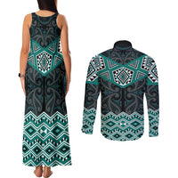 New Zealand Aotearoa Couples Matching Tank Maxi Dress and Long Sleeve Button Shirt Turquoise Taniko Art Maori Pattern LT05 - Polynesian Pride