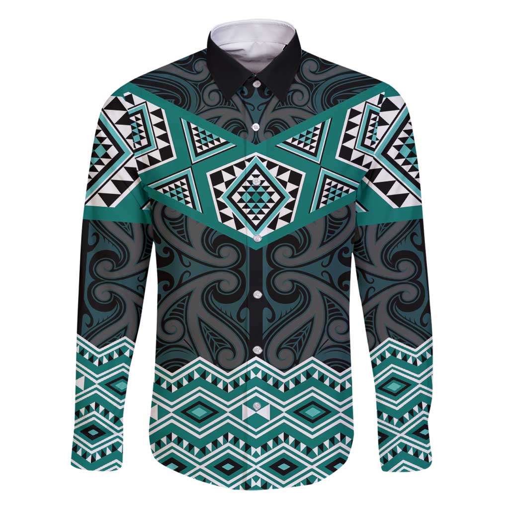 New Zealand Aotearoa Family Matching Mermaid Dress and Hawaiian Shirt Turquoise Taniko Art Maori Pattern LT05 Dad's Shirt - Long Sleeve Turquoise - Polynesian Pride