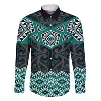 New Zealand Aotearoa Family Matching Off The Shoulder Long Sleeve Dress and Hawaiian Shirt Turquoise Taniko Art Maori Pattern