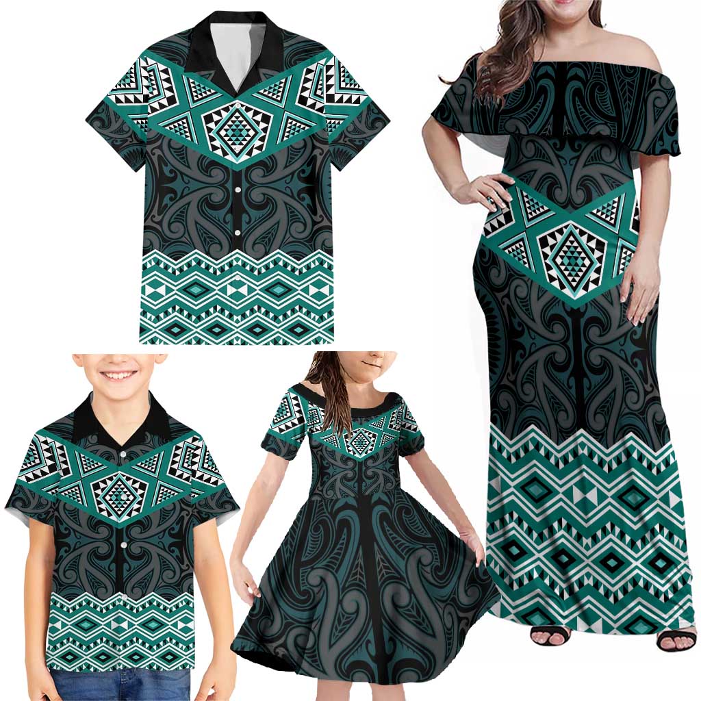 New Zealand Aotearoa Family Matching Off Shoulder Maxi Dress and Hawaiian Shirt Turquoise Taniko Art Maori Pattern LT05 - Polynesian Pride